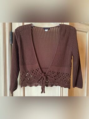 Vintage Knit Minded Women's Brown Knit Cropped Tie Front Y2K Shrug, Size M